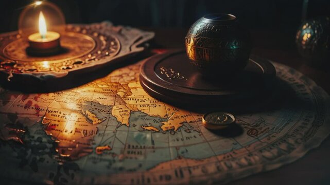 Ancient candles and maps, 4K seamless looping virtual video animation background