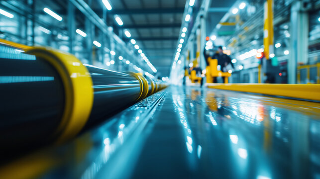 Polyethylene film passing through heated rollers, with the smooth flow of material being monitored by engineers in the distance in a large-scale industrial factory.