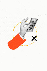 Vertical photo collage of hand hold dollar banknote income currency earnings salary bribe...