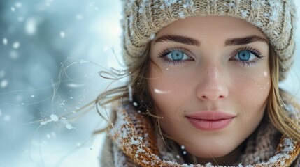 A woman with blue eyes and a white hat is standing in the snow