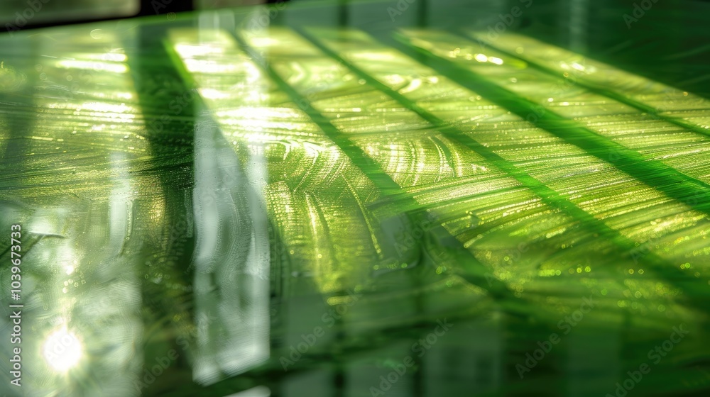 Aufkleber Closeup of empty green texture fluted glass disperse strong beam of sunlight into mixture of stripe shadow and reflection on synthetic stone table top Mixture of shadow and reflection stripe