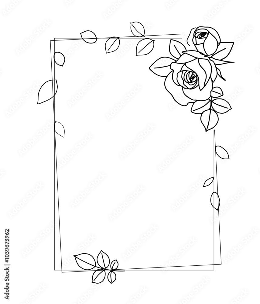 Poster rectangle frame of garden rose with stem and leaves. hand drawn sketch. vector illustration.