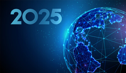 Abstract Happy 2025 New Year greeting card with planet. Low poly technology design.