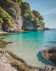 Fototapeta premium Secluded Cove with Crystal Clear Water and Lush Greenery.