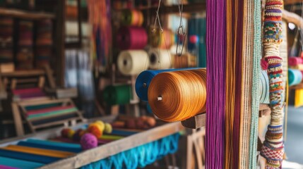 A vibrant textile weaving workshop with looms and colorful yarns, Artisan textile craftsmanship style, photo of