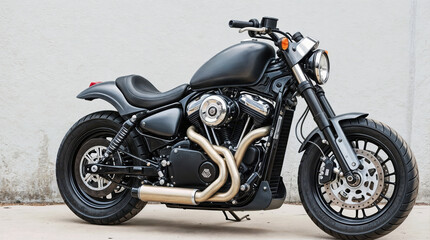 Sleek black cruiser motorcycle with custom exhaust, powerful engine, and modern design showcases rugged style against neutral background