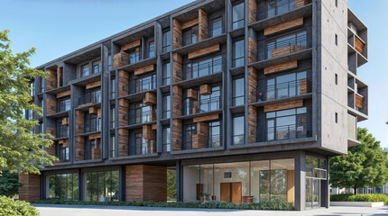 Obraz premium Modern mixed-use apartment building with wood and concrete facade, featuring ground-floor retail space and pedestrians walking outside on sunny day