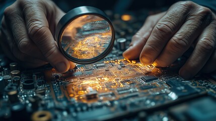 Close up of Engineer's Hands Examining Circuit Board