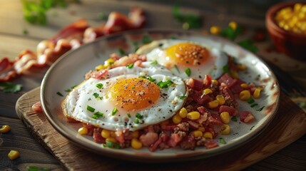 two fried eggs resting on corn beef hash and served with bacon