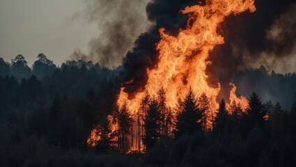 Intense Flames Consume Forest in Dramatic Fire Scene.