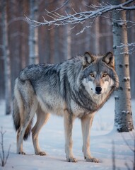Obraz premium Gray wolf with a shaggy coat standing in a snowy forest during winter twilight.