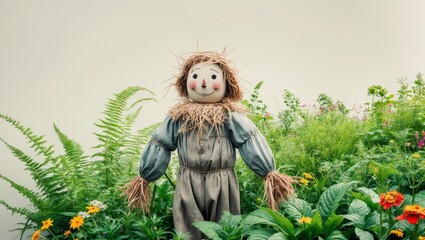 Fototapeta premium Scarecrow positioned in a garden setting.