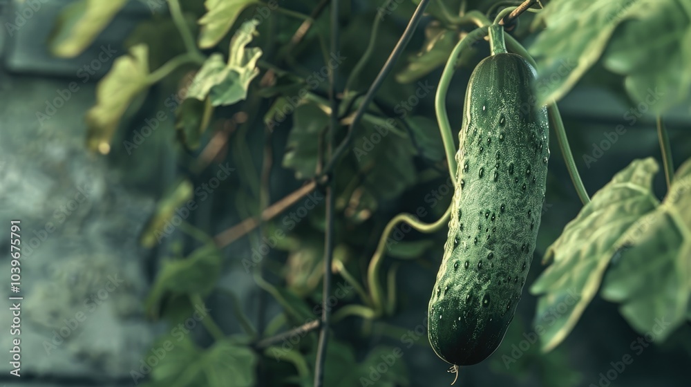 Poster a marketmore cucumber hanging down from a trellis growing on a wilting vine