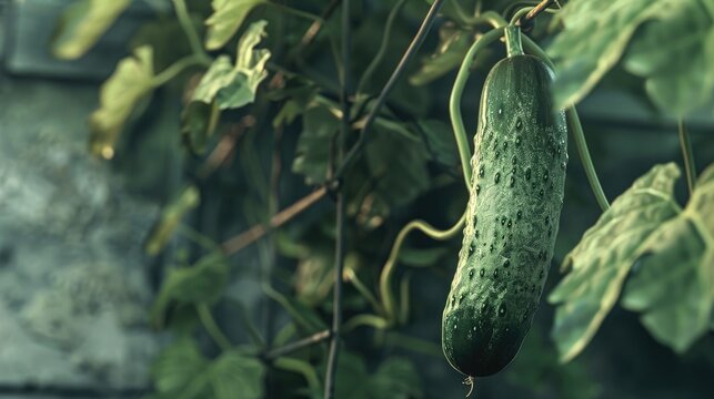 A marketmore cucumber hanging down from a trellis growing on a wilting vine