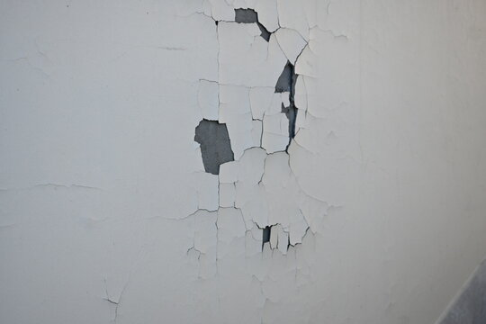 chipped texture of peeling white paint on a gray wall , old gray cracked wall texture as background, old spackled textured gray white wall as background