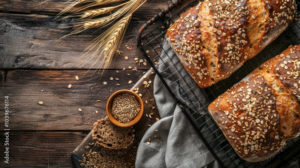 Poster loaf of homemade whole grain bread with seeds cool down on a wire rack on a wooden table top view fl