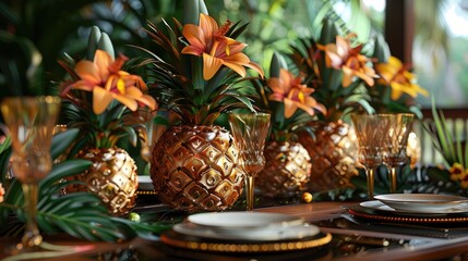 Tropical Theme Table Setting with Gold Pineapples and Flowers
