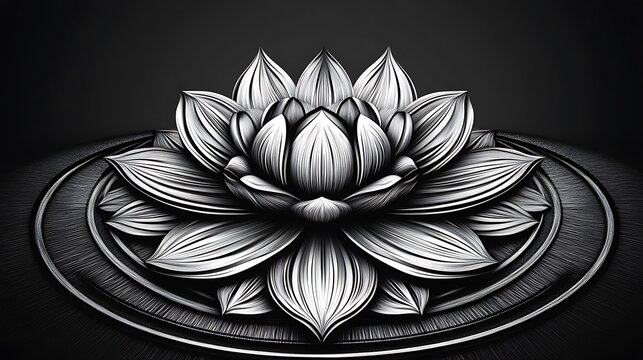 A silver metallic mandala with intricate, geometric patterns radiating from the center, set against a deep matte black background. The silver gleams subtly, creating a refined, luxurious look.
