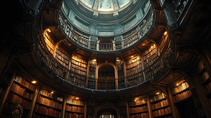 Ancient library in a circular design, enchanted books suspended in the air, glowing softly, shelves filled with centuries-old volumes and magical artifacts