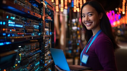 It engineer smiling and holding laptop in data center
