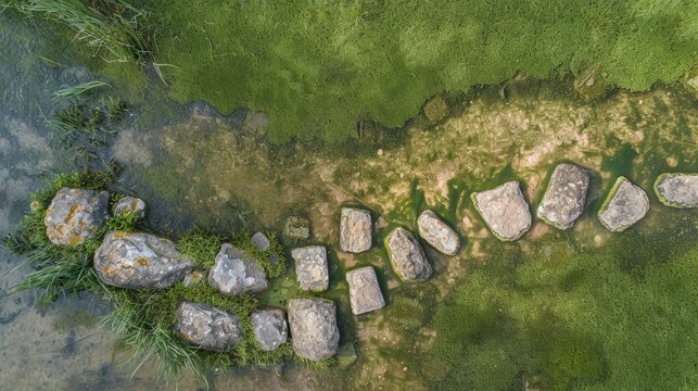 Stepping stones emulating river bed crossing in floodplain grass park field seen from above Aerial top down landscape artistic decoration