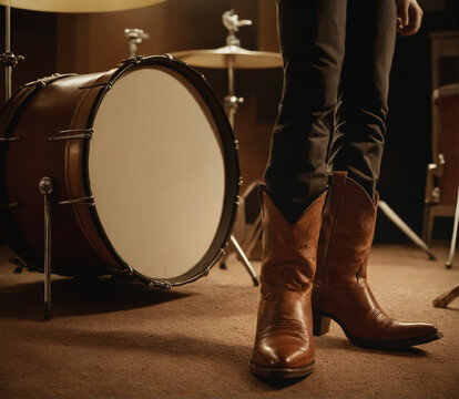 Cowboy boots close-up on female singer next to drums. Produced with Generative AI