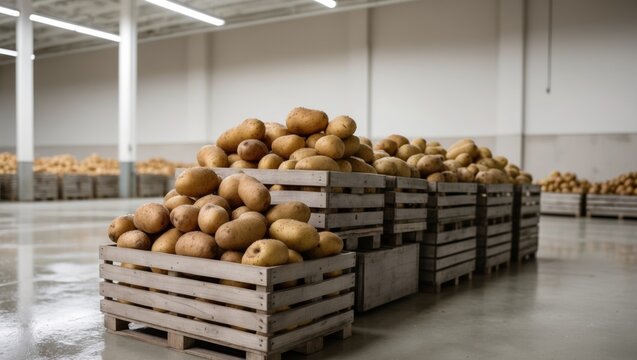 Vegetable crates stacked with freshly harvested potatoes in storage facility at the produce factory.