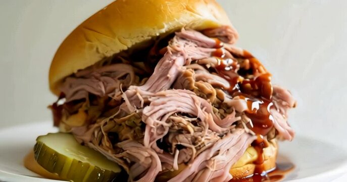 rotating close up of pulled pork sandwich with BBQ sauce and pickles