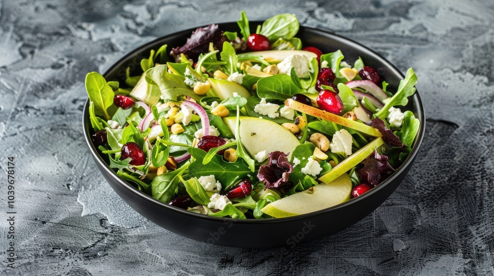 Aufkleber green salad with apples goat cheese cranberries red onion and pepitas in black bowl on concrete tabl