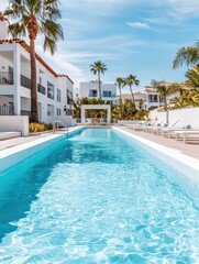 Fototapeta premium Exclusive poolside oasis with crystal-clear blue water, ideal for a refreshing swim and ultimate relaxation.