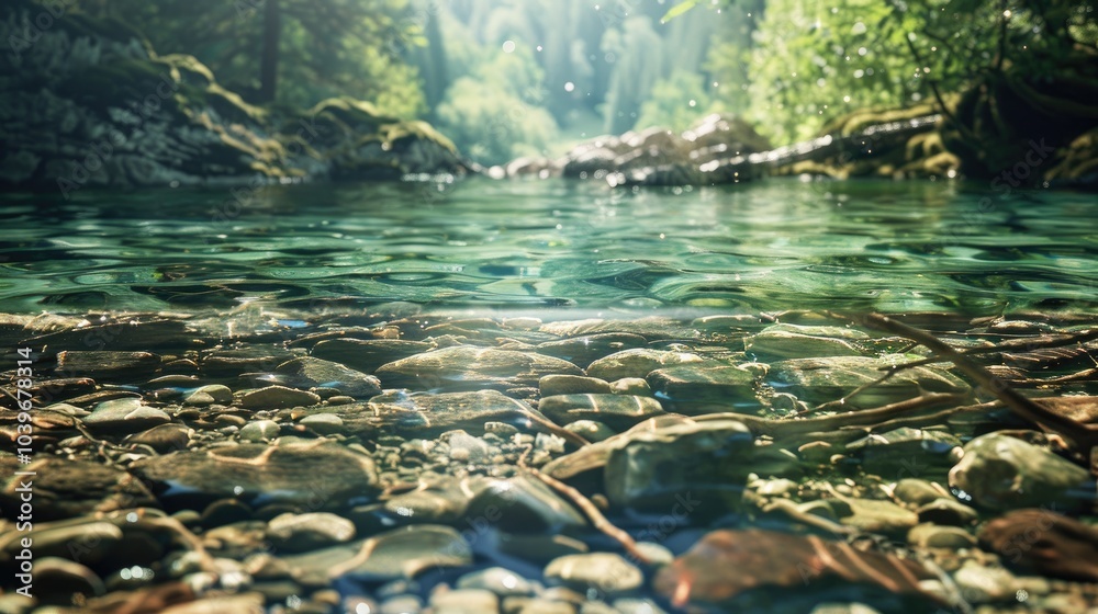 Poster crystal clear river with debris rocks and branches gracefully floating on the surface the transparen