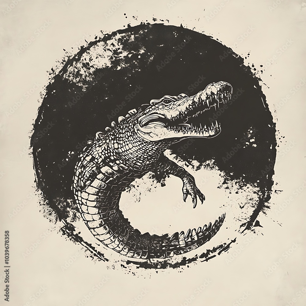 Poster a black and white illustration of a crocodile in a circular frame with a grunge texture.