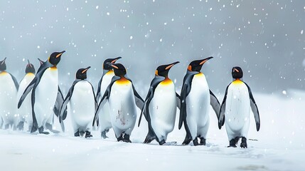 Obraz premium Emperor penguin band walks together on white snow to sea