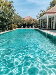 Fototapeta premium Exclusive poolside oasis with crystal-clear blue water, ideal for a refreshing swim and ultimate relaxation.