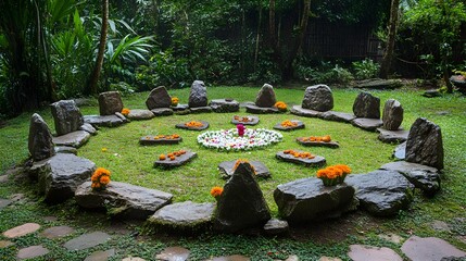 Circle of large, moss-covered stones, arranged for sacred rituals, offerings of flowers and fruits scattered around, spiritual energy filling the scene