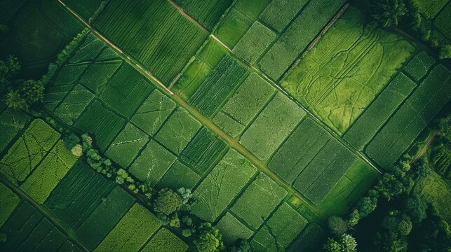 Aerial view of greem farm fields forming geometrical pattern Agriculture landscape birds eye view