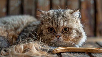 Maintaining pet hygiene A clump of cat hair and a comb symbolize the care and grooming involved in keeping your Scottish Fold cat s long fur clean and tangle free