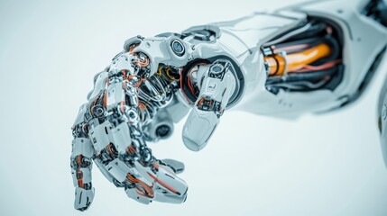 A close-up of a humanoid robot&rsquo;s inner elbow joint with visible hydraulic pistons and cables, clean background emphasizing the mechanical complexity, Innovative style