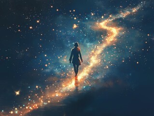 Naklejka premium Abstract human figure stepping into a glowing portal for the New Year