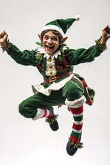 A young boy dressed as an elf jumping in the air