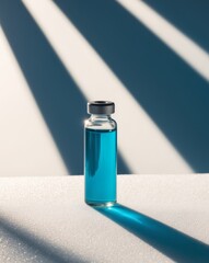 Standing on a white surface in bright sunlight with a glass vial filled with liquid casting a long shadow.