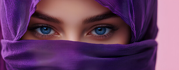 Naklejka premium A woman's blue eyes are partially concealed by a flowing purple scarf, creating a sense of mystery and allure.