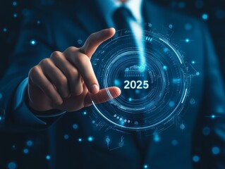 Businessperson pointing at futuristic 2025 digital display showcasing progress