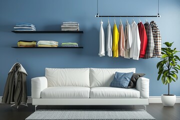 Cozy room with blue walls, a white sofa, and colorful on hangers near a black shelf in the retro-style interior design of a modern living space.