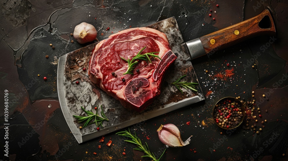 Poster top view of raw beef shank cross cut on cleaver with spice and herb