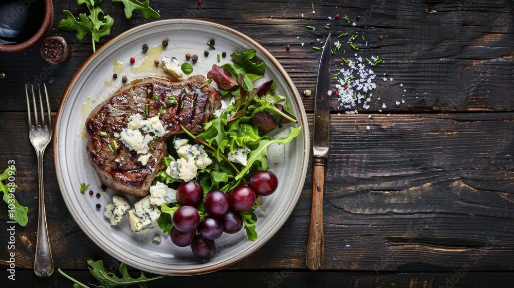 Poster fried beef steak served with salad of red grape crumbled blue mold cheese and chives on plate on dar