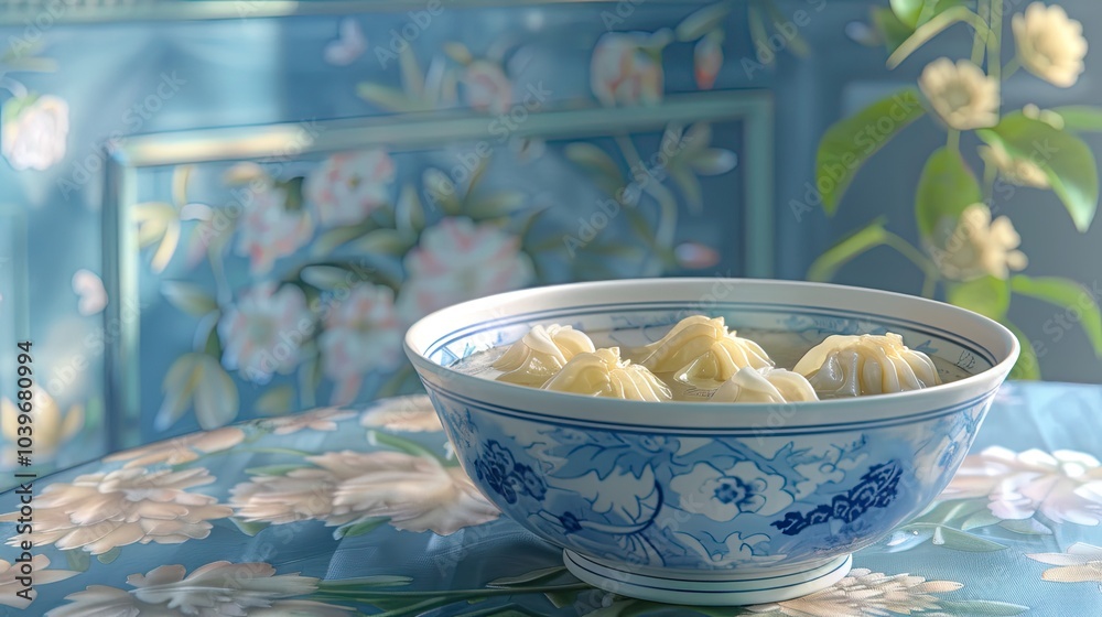 Poster steamed ginger and pork dumplings in a bowl with a crispy golden brown crust served on a blue patter