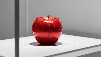 The surface of a white surface is covered with water droplets on a fresh red apple.