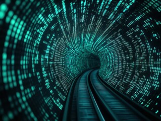 A digital tunnel displaying luminous green binary code with train tracks leading into the distance.