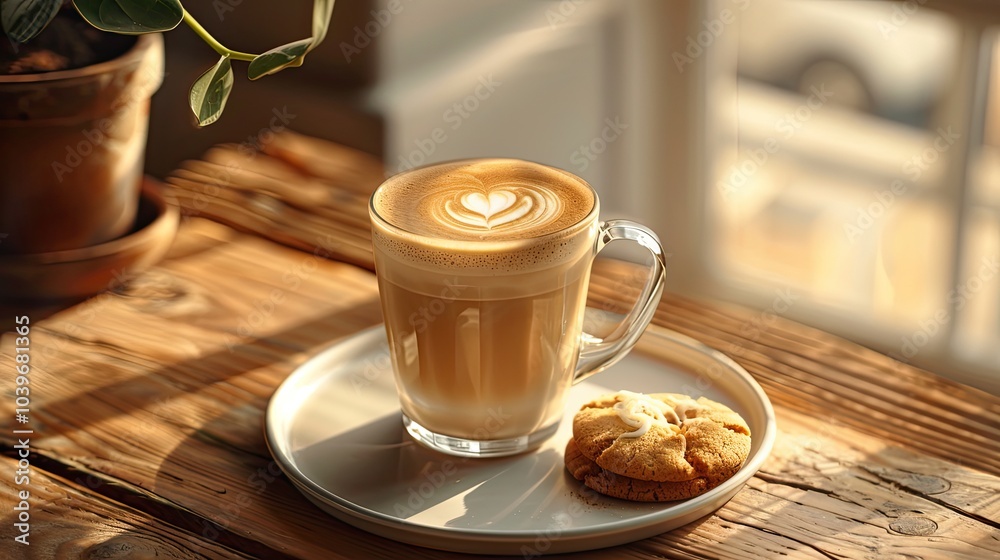 Poster cup of coffee latte in a glass with love heart latte art and a cookie on the side vertical image